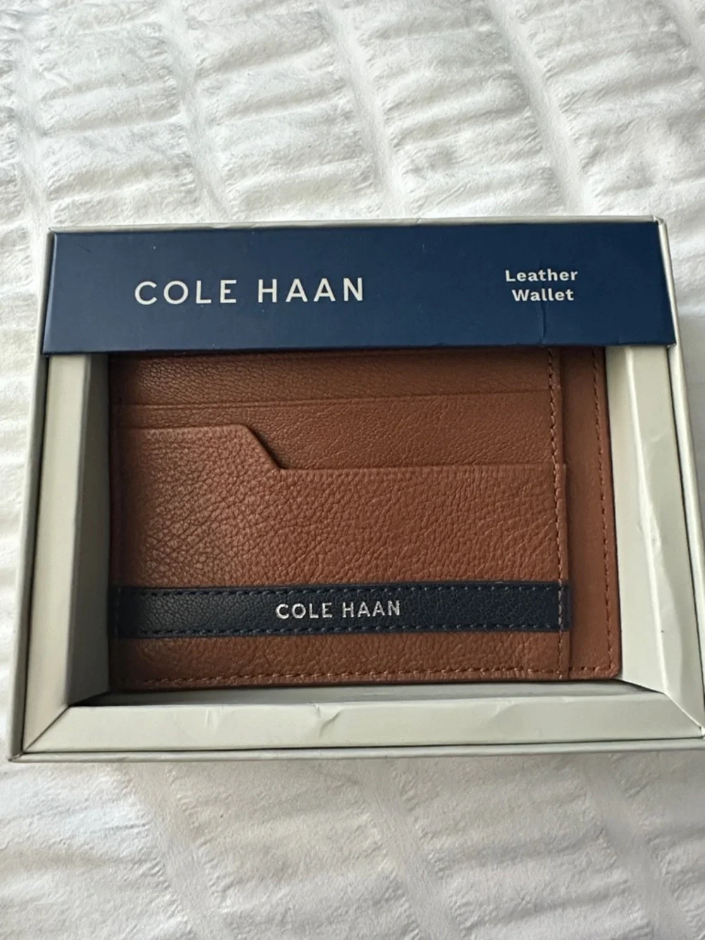 Cole Haan Men's Veronique Tan Leather Card Case with Navy Accent